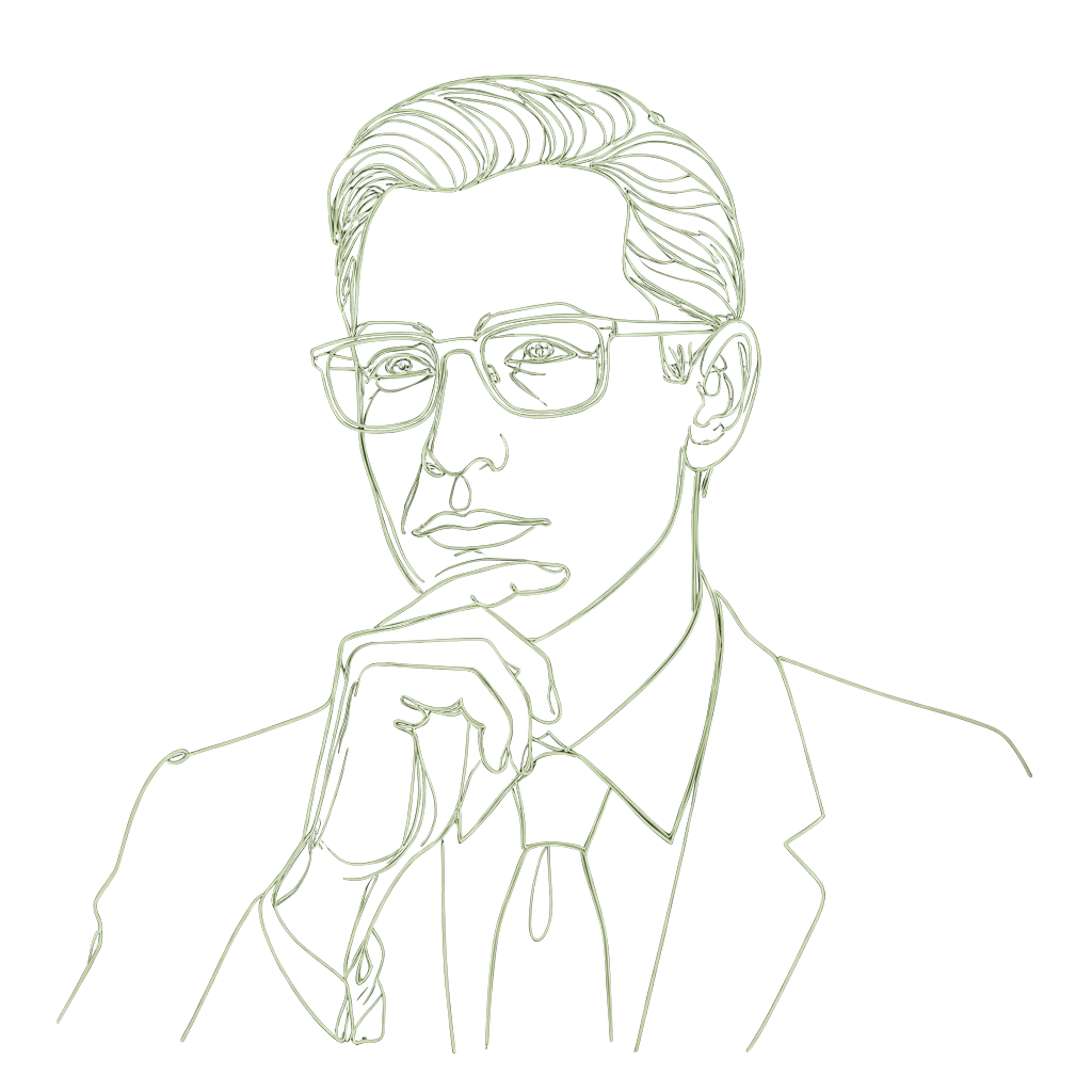 Feine Linien-Illustration eines analytischen, distanzierten Mannes – Symbol für Overthinking im Dating