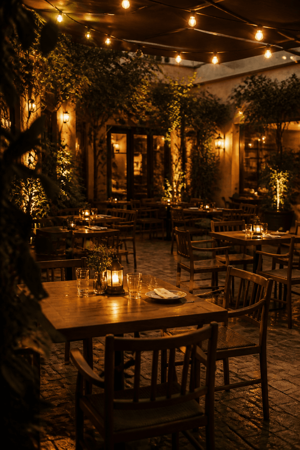 Leere Restaurantterrasse in warmem Abendlicht – Illusion des Zufalls und Dating-Müdigkeit